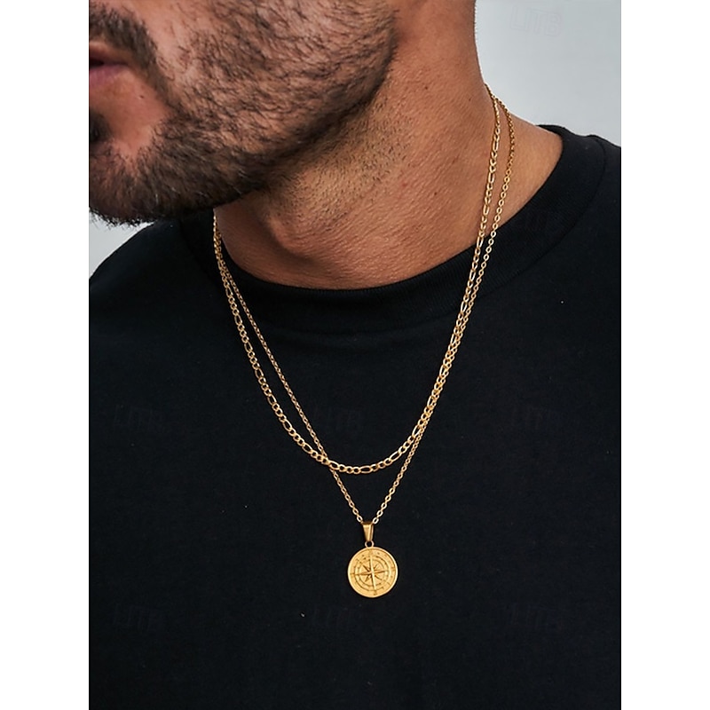 Men's Vintage Compass Pendant Necklace – Alloy Metal Double-Layer Chain, Nordic Viking Amulet, Nautical Jewelry for Travel & Adventure
