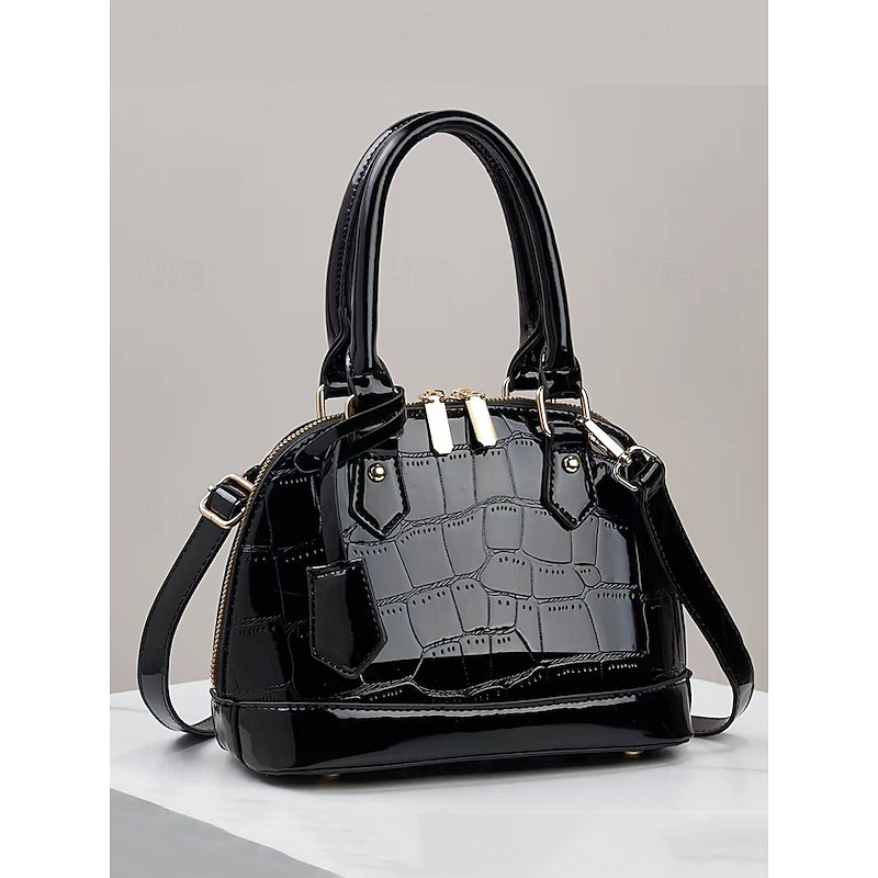 Women's elegant green stone pattern handbag with adjustable shoulder strap, shiny patent leather, fashionable design, suitable for work, party and daily use Wine Black Orange3