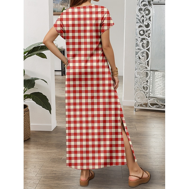 Women's Maxi Dress Casual Dress Sundress A Line Dress Stylish Casual Vacation Daily Regular Fit Plaid Short Sleeve V Neck Red Spring Fall2