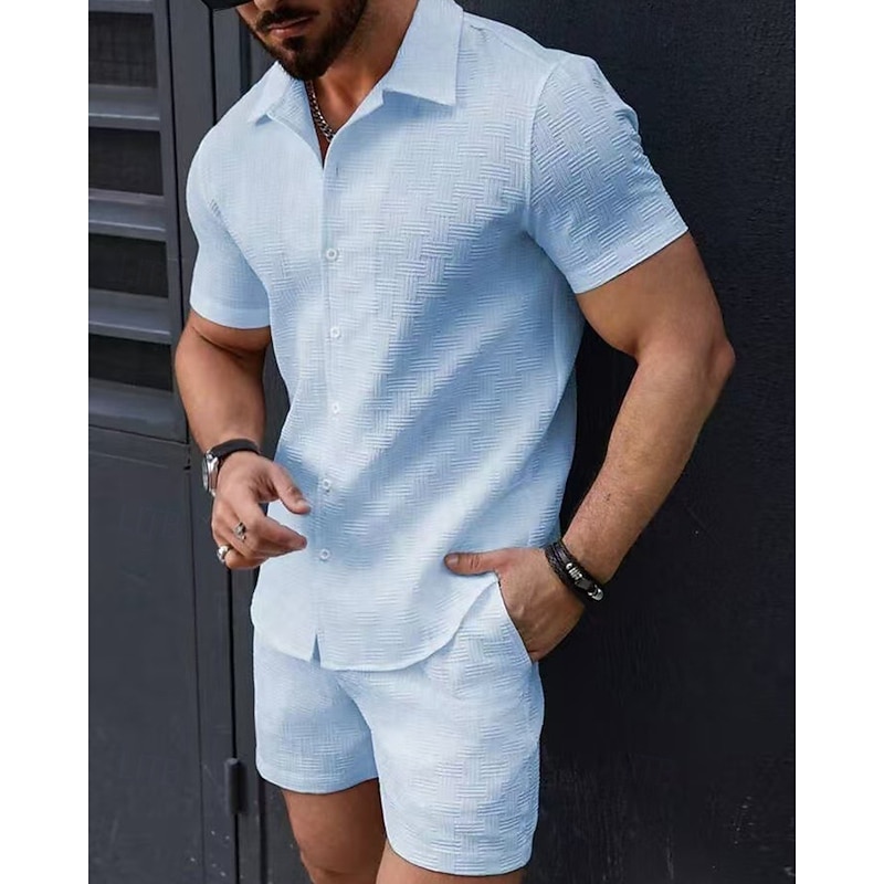 Men's T-shirt Suits 2 Pieces Outfits Tee & Shorts Short Sleeve Lapel Summer Plain Fashion Casual 2 Piece Jacquard Vacation Daily Wear Going out Black White Pink Top Tee for Men2