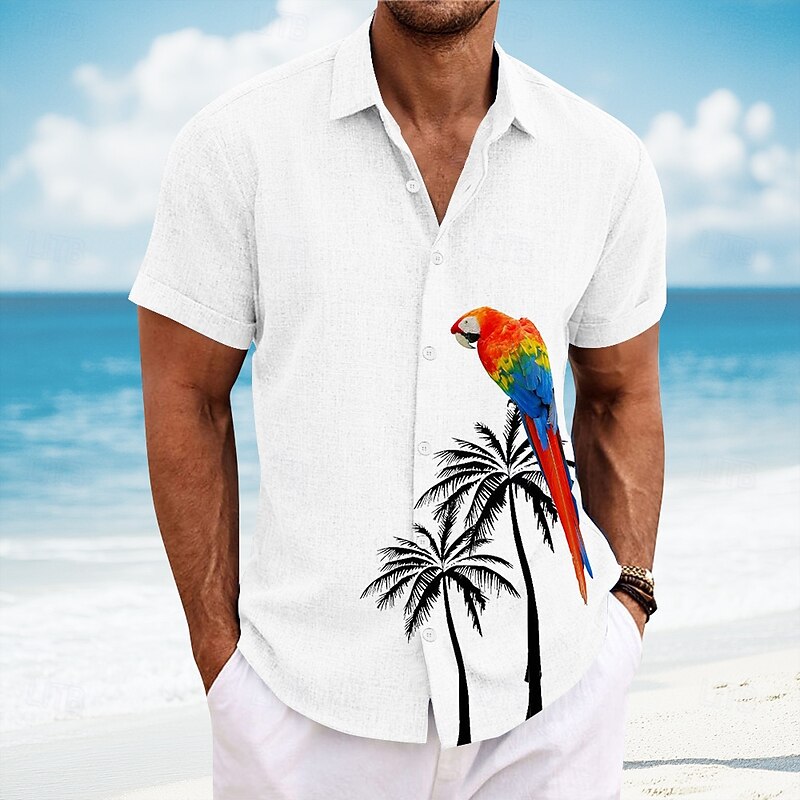 Men's Bird Coconut Tree Parrot Casual Shirt Summer Hawaiian Shirt Button Up Shirt Short Sleeve Hawaiian Resort Vacation Holiday Beach Wear Summer Spring Turndown 3D Print Collared Shirts White Blue2