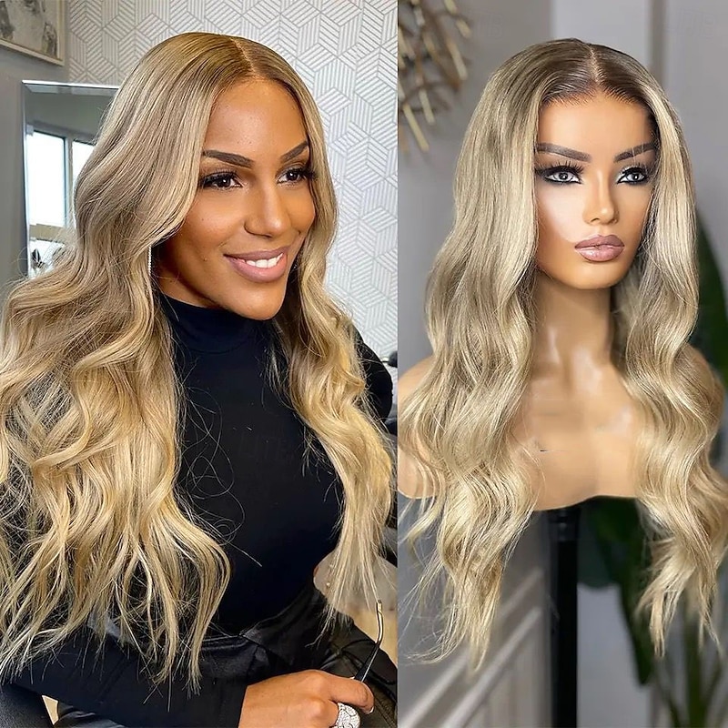 Brazilian Remy Human Hair Ombre Highlight 5x5 Closure Wigs 13x4 Lace Front Human Hair Wig Wavy Ash Blonde Human Hair Gluelesswigs Pre-Plucked For Women