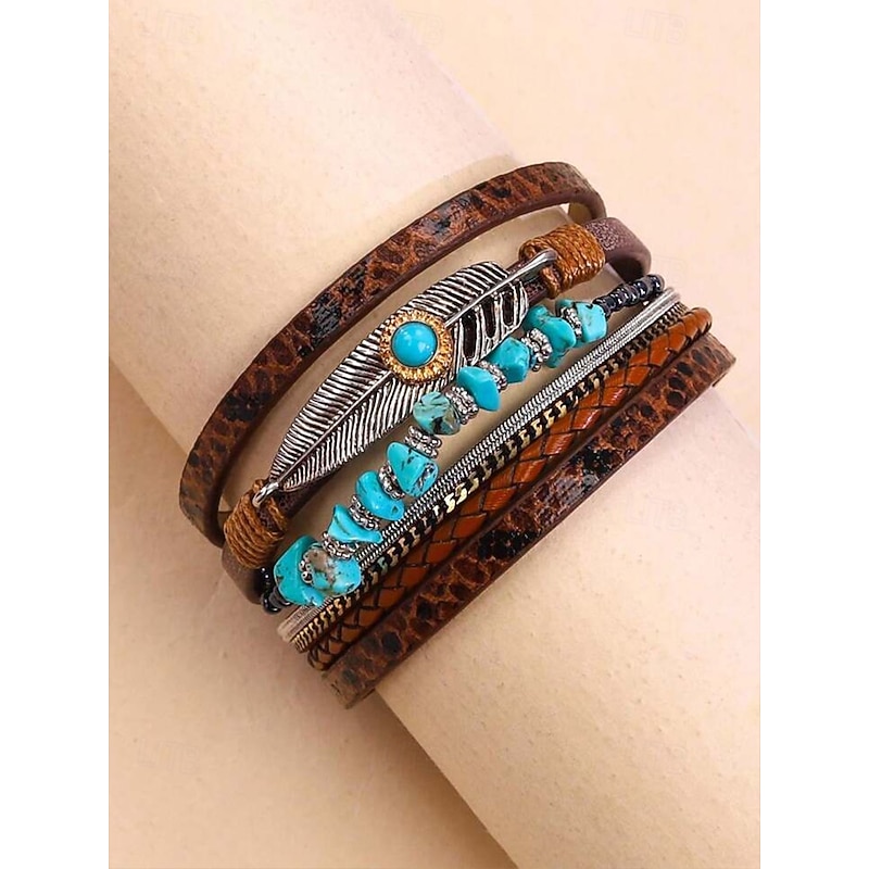 Boho Leather and Turquoise Magnetic Bracelet Wristband - Adjustable multi-layered design with feathers and gemstones, perfect for casual, summer and festival styles4