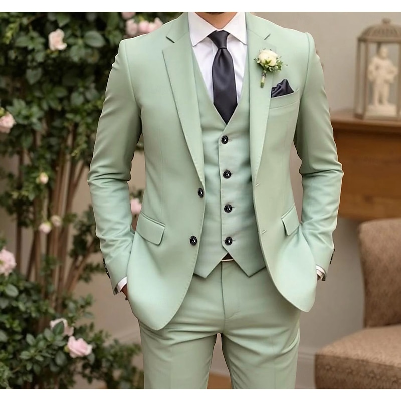 Men's Wedding Prom Party Suits Notch Lapel Light Green Solid Colored Standard Fit 3 Piece Single Breasted Two-buttons2