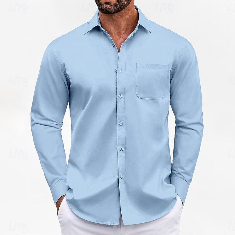 Men's Classic Casual Shirt Homecoming Standard Fit Long Sleeve Lapel Solid Color Polyester Black Sky Blue Grey 20252