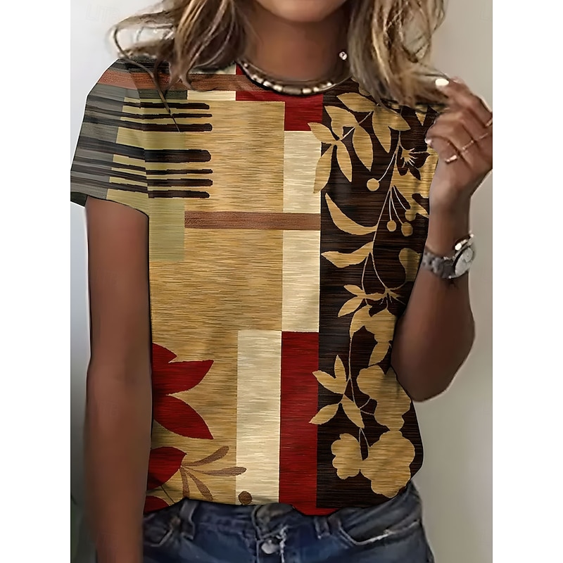 Women's T Shirt Geometric Plants Casual Short Sleeve Round Neck Regular Tops Daily Print Red Summer