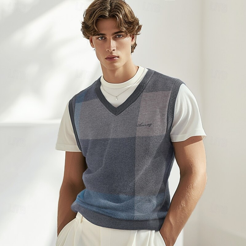 Men's 100% Wool Sweater Vest Knit Check Pattern Plaid V Neck Knitwear Elegant School Formal Clothing Apparel Spring Fall Dark Green Light Grey S M L