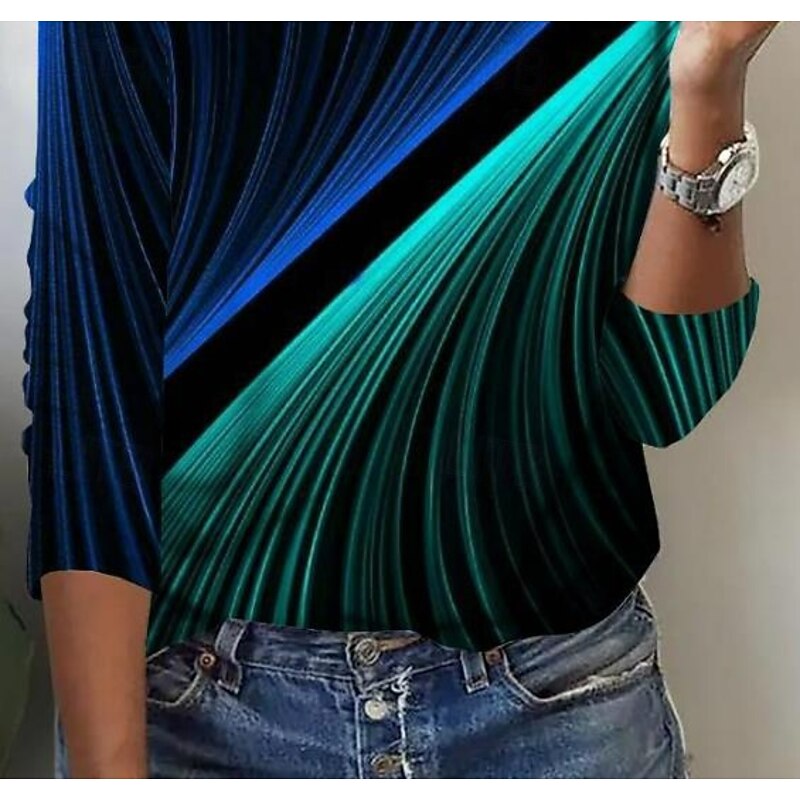 Women's T shirt Long Sleeve Ombre Casual Long Tops Daily Print Black Blue Dark Green Spring, Fall, Winter,  Prefall3