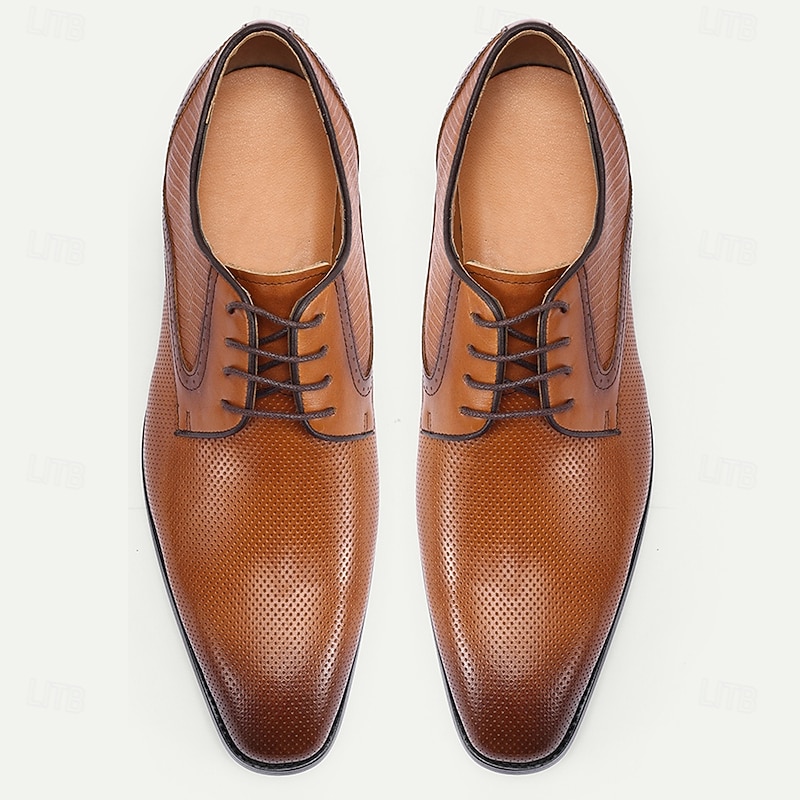 Men's Brown Perforated Leather Oxford Shoes with Lace-Up Design – Premium Cowhide for Formal and Business Occasions4