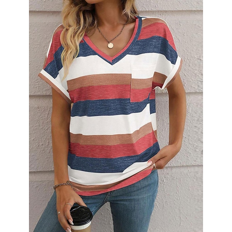 Women's T Shirt Striped Fashion Modern Casual Short Sleeve V Neck Regular Tops Daily Weekend Pink Wine Sky Blue Summer Spring - Main Image