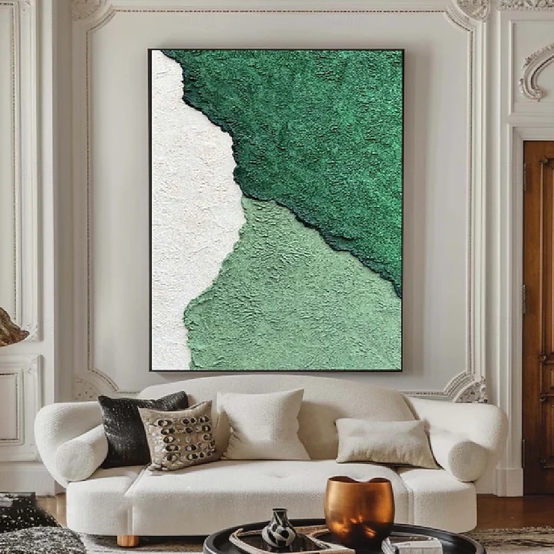 Large 3D abstract oil painting hand painted  white green and black 3D textured abstract painting hand-painted ocean green  blue oil painting modern wall art decoration artwork