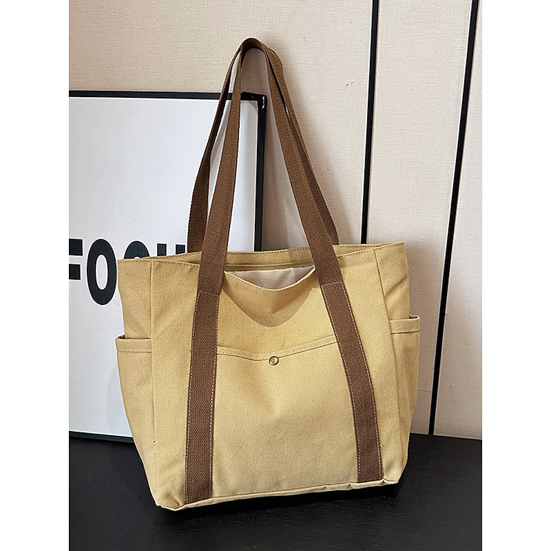 Women's Colorblock Canvas Tote Bag - Large capacity, multiple pockets, casual style, unisex, durable - Great for shopping, travel and daily use Black White Khaki