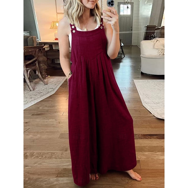 Women's Normal Overall Active Solid Color Sleeveless Round Neck Buttons Pocket Vacation Daily Regular Fit Yellow Wine Apricot Summer