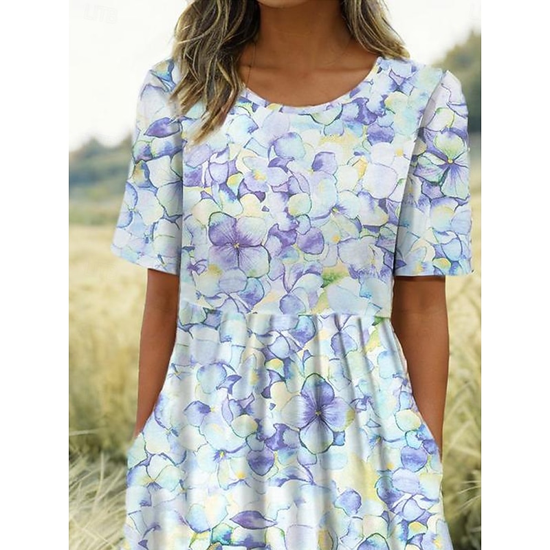 Women's Mini Dress Petite Dress T Shirt Dress Tee Dress A Line Dress Summer Dress Vacation Stylish Casual Vacation Daily Regular Fit Floral Graphic Short Sleeve Crew Neck Light Blue2