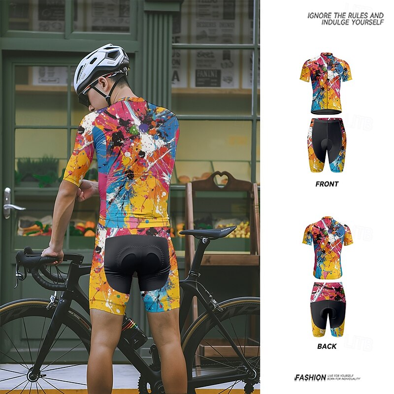 Men's Cycling Jersey with Shorts Graffiti Short Sleeve Bike Clothing Suit with 3 Rear Pockets Mountain Bike MTB Road Bike Cycling Front Zipper Sweat wicking Comfortable Breathable Sports Yellow Cream3