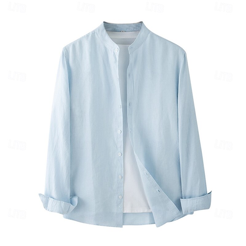 Men's 100% Linen Shirt White Light Grey Light Blue Long Sleeve Solid Color Standing Collar School Formal Buttons Clothing Apparel Elegant Vacation Vintage Neutral