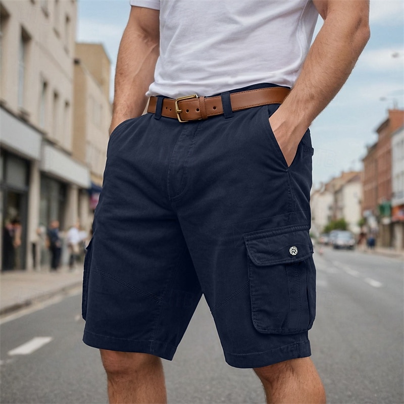 Men's Cargo Shorts Shorts Bermuda shorts Multi Pocket Straight Leg Plain Breathable Moisture Wicking Knee Length Outdoor Casual Camping & Hiking Fashion Streetwear Black Navy Blue Micro-elastic