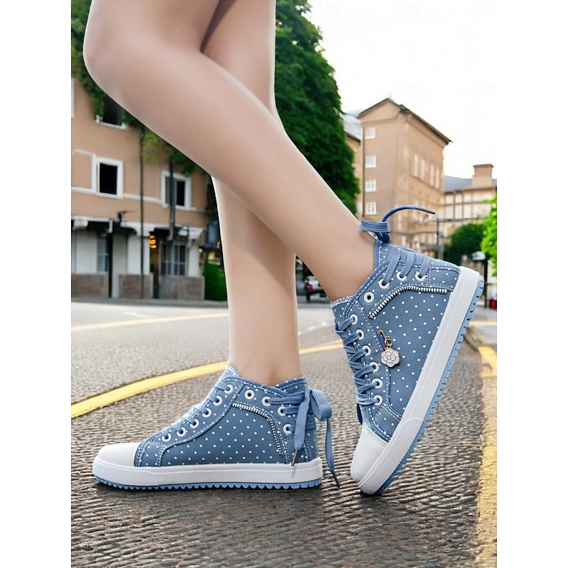 Women's Polka Dot High-Top Canvas Sneakers – Casual Lace-Up Denim Shoes with Floral Charm, Stylish Streetwear for Daily Wear & Travel3