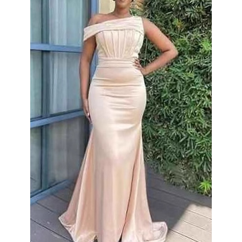 A-Line Bridesmaid Dress One Shoulder Sleeveless Elegant Floor Length Chiffon with Split Front 20222