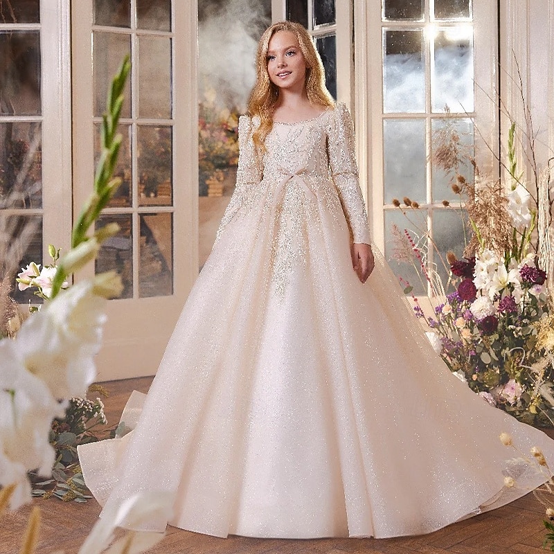 Flower Girl Dress Girls' Formal Dress First Communion Dress Wedding Attire Party Dress Formal Wedding Party Princess Sweet Christmas Carnival Ruched Solid Color Strapless Crew Neck Light Yellow 4