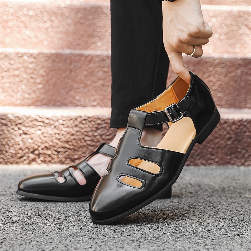 Men's Black Faux Leather Fisherman Sandals with Buckle Strap and Cutout Design, Stylish and Comfortable for Casual, Outdoor and Summer Wear2