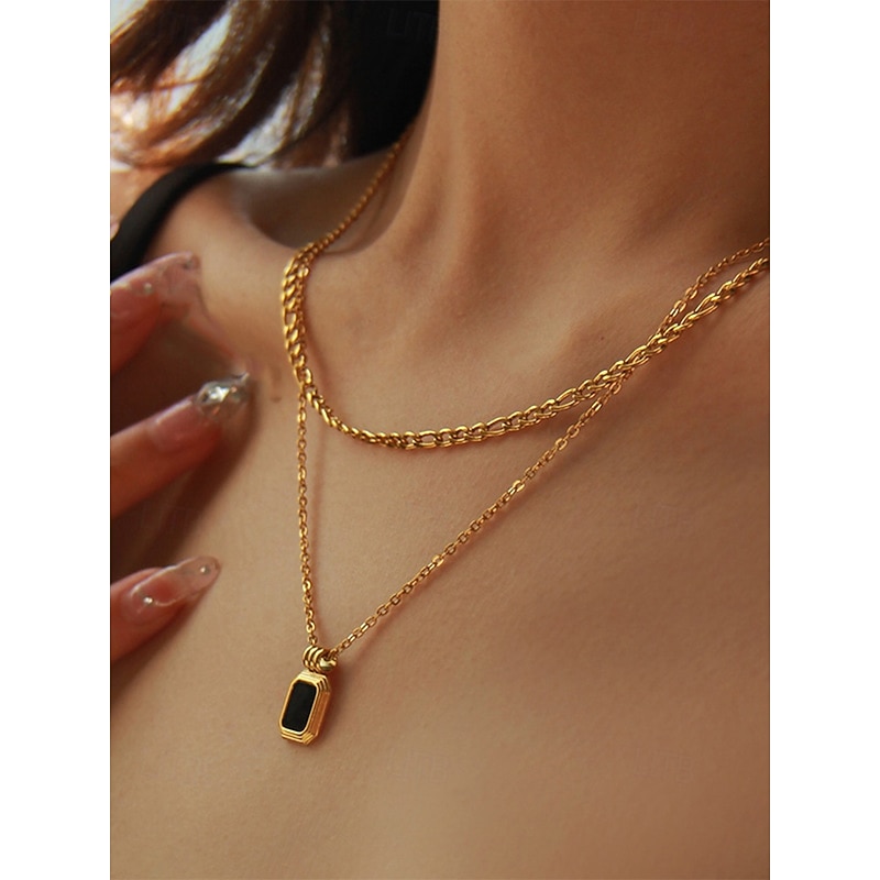 Women's multi-layered double chain with black rectangular pendant necklace - can be worn separately, elegant women's jewelry, suitable for formal and casual occasions3