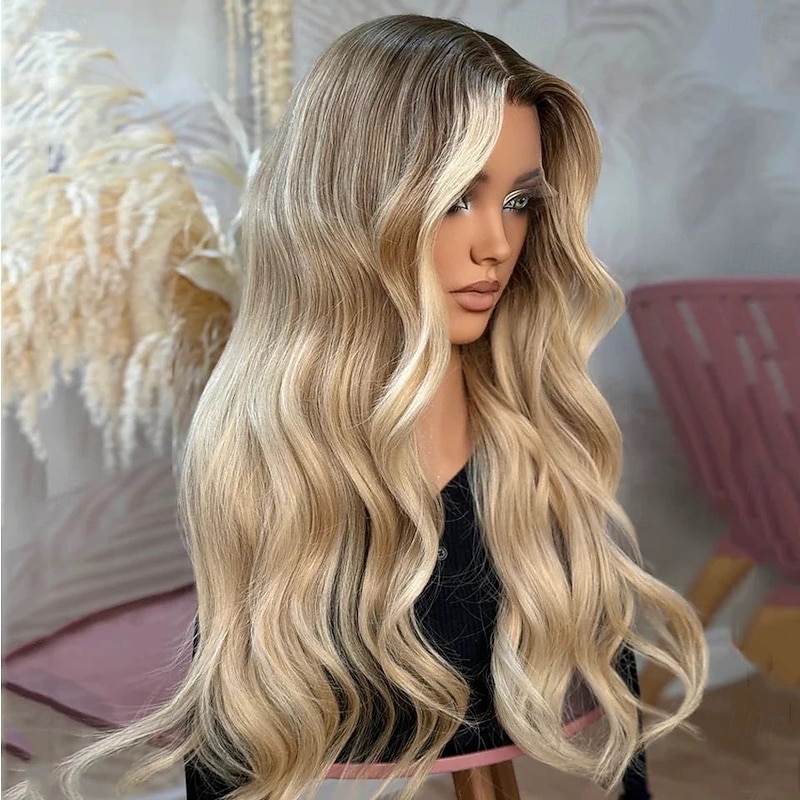 Brazilian Remy Hair Ash Blonde Highlight Ombre Glueless 5x5 Lace Closure Wigs Body Wave Lace Front Wig Natural Hairline Pre-Plucked For Women2