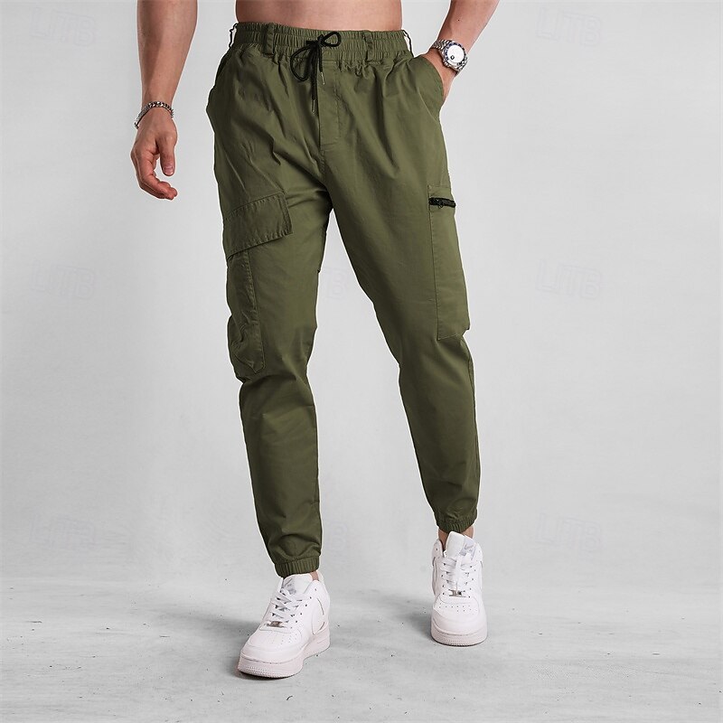 Men's Cargo Pants Joggers Trousers Drawstring Elastic Waist Multi Pocket Plain Wearable Outdoor Daily Camping & Hiking Fashion Classic Black Green