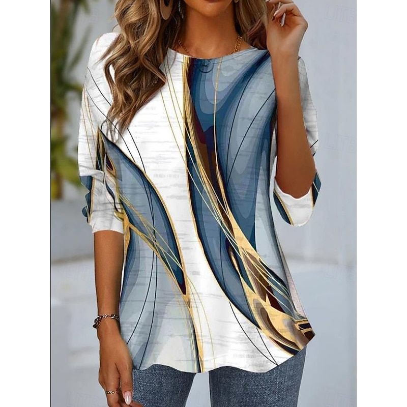 Women's T shirt Long Sleeve Crew Neck Long Sleeve Tunic Leopard Striped Casual Regular Tops Daily Print White and gray Spring Fall Prefall