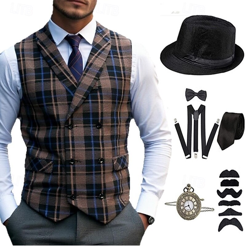 1920s Vintage Inspired The Great Gatsby Party Costume Accessories Set Sleeveless Double Breasted Plaid Turndown Fancy Dress Men's Halloween Party & Evening Casual Daily Adults' Vest Hat All Seasons