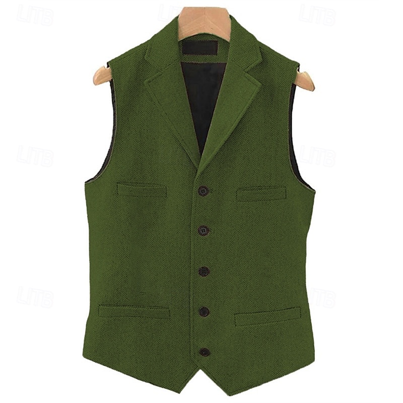 Men's Vest Waistcoat Gilet Vacation Daily Wedding Party Date Fashion Casual Spring Fall Buttons Pocket Polyester Comfortable Plain Single Breasted One-button Lapel Regular Fit Black Navy Blue Dark3