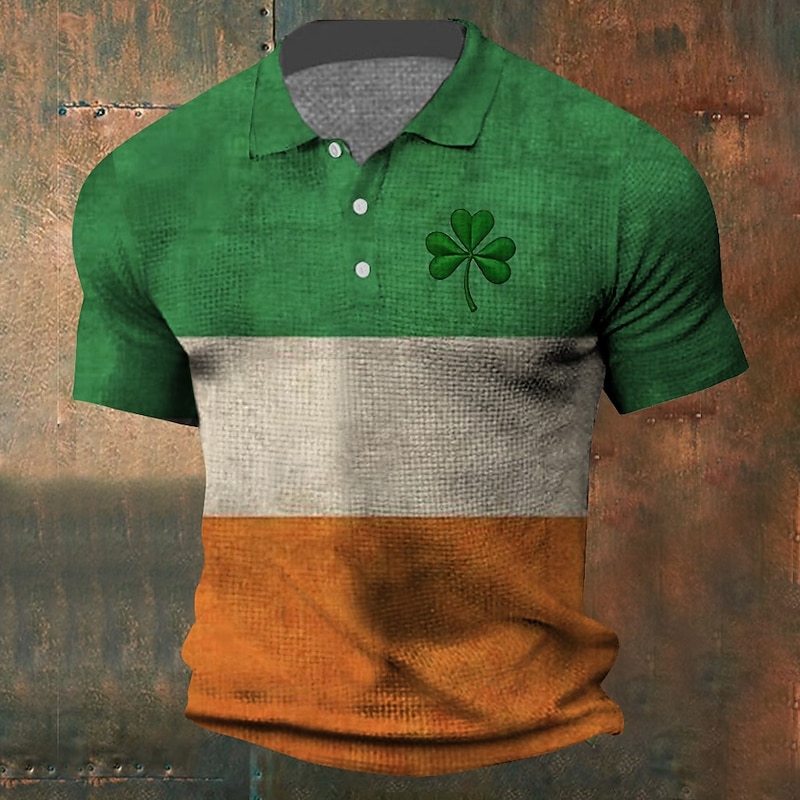 Men's Shamrock Waffle Polo Shirts Short Sleeve Polo Shirts Collared Shirts Casual Business Casual Party Evening Wear Dailywear Festival Outfit Buttons 3D Print Summer White 1 Black Rock Green - Main Image