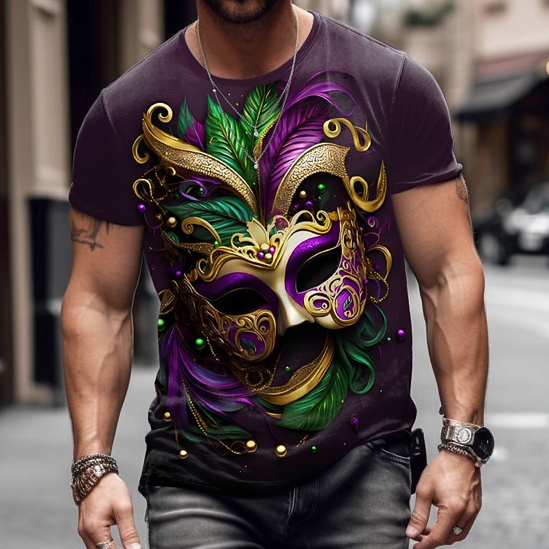 Mardi Gras Men's Mask T Shirt Short Sleeve T shirt 3D Print Crew Neck Shirt Designer Casual Party Holiday Club Purple Summer Spring Clothing Apparel S M L XL XXL XXXL