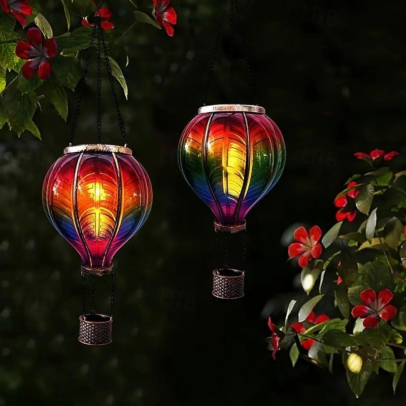 1pc Outdoor Solar  Iron Hot Air Balloon Lamp Multi-Color Gradient Flame Light for Courtyard, Garden, Path, Lawn, Wedding, Festival and Party Atmosphere3