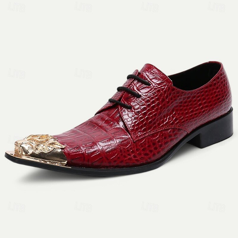 Men's Premium Red Crocodile-Patterned Leather Dress Shoes with Gold Tip Gold Lion Head Toe–Stylish Formal Footwear for Special Occasions3
