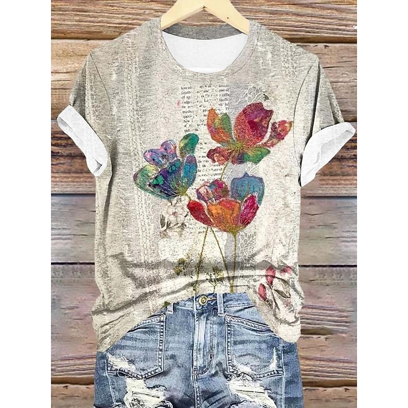 Women's T Shirt Floral Casual Short Sleeve Round Neck Regular Tops Daily Print Yellow Summer