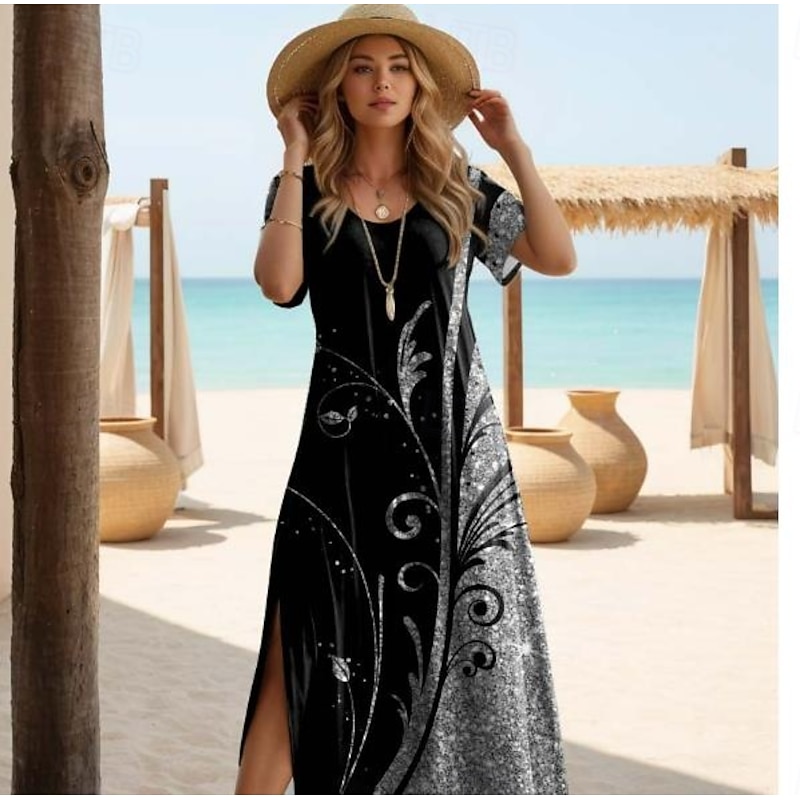 Women's Maxi Dress Black Dress Long Sleeve Boho Dress Elegant Vintage Butterfly Sleeve Vacation Beach Regular Fit Floral Graphic Short Sleeve Crew Neck Black Spring Fall2