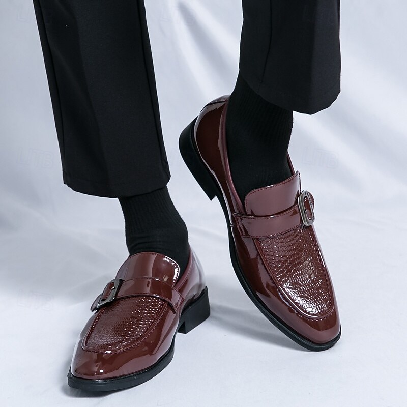 Men's Patent Leather Burgundy Loafers with Crocodile Texture and Buckle Detail – Elegant Slip-On Shoes for Formal Occasions and Business Wear2