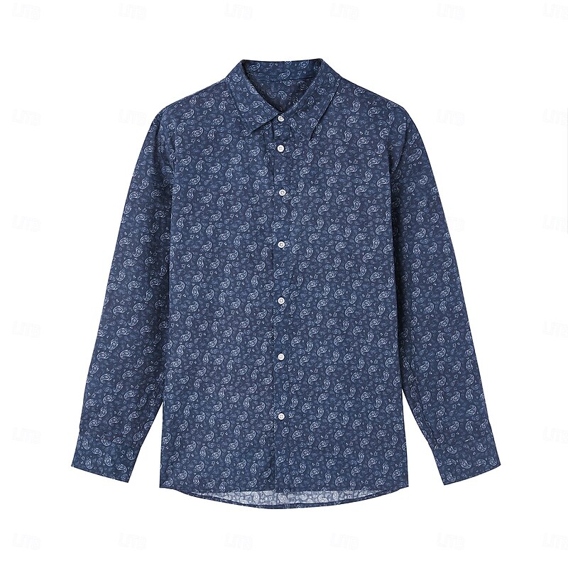 Men's 100% Cotton Paisley Shirt Button Down Shirt Casual Shirt Long Sleeve Vintage Hawaiian Artistic School Performance Wedding Spring Fall Turndown Button Up Navy Blue2