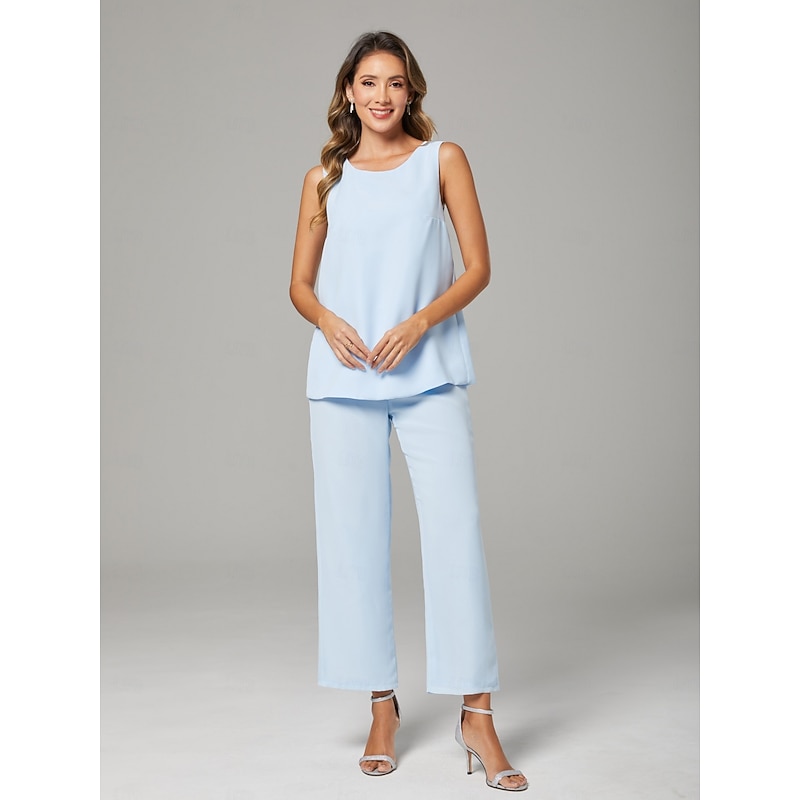 Pantsuit 3 Piece Mother of the Bride  Wedding Guest Elegant Plus Size Bateau Neck Floor Length Chiffon Sleeveless Wrap Included with Solid Color4