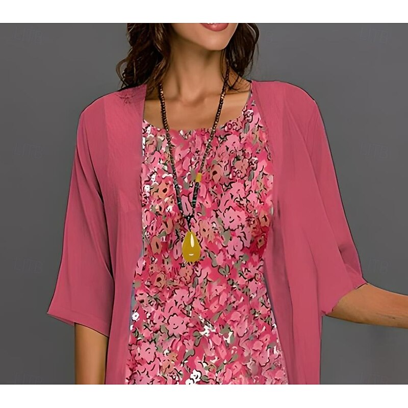 Women's Graduation Dress Midi Dress Chiffon Dress Shift Dress Summer Dress Elegant Stylish Formal Formal Wedding Guest Daily Loose Fit Floral Graphic Half Sleeve Crew Neck Pink Summer Spring Fall3