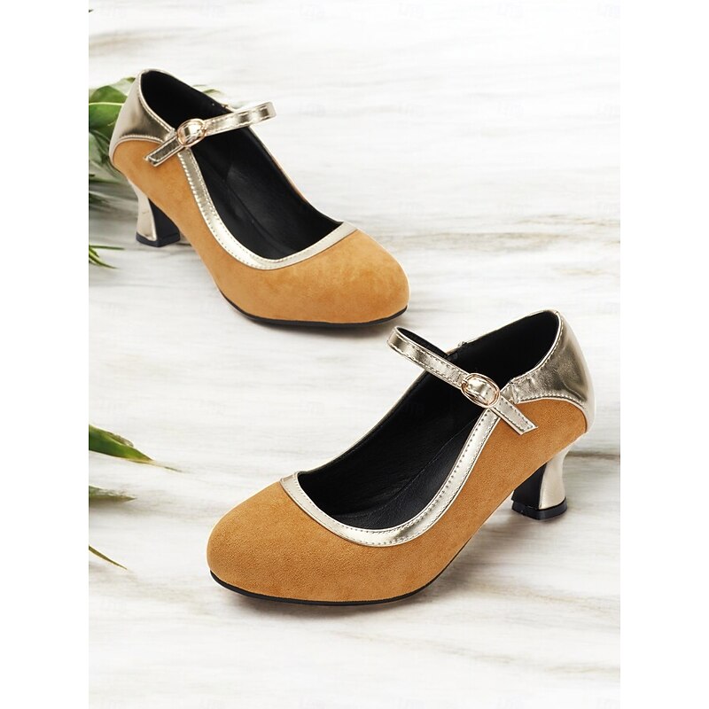 Women's Vintage Gatsby Suede Mary Jane Heels-Elegant Mid Heel Pumps with Metallic Accents & Strap for Formal Events & Parties4