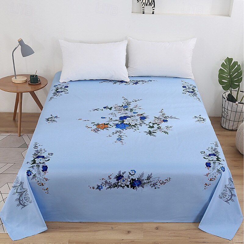 Blue Colorful Floral Flower Printed Cotton Flat Sheet Bed Sheet for Spring Summer