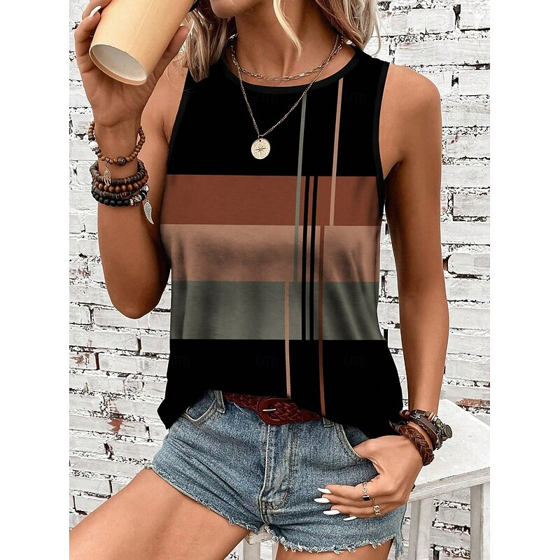 Women's Camisole Tank Top Geometric Stylish Casual Sleeveless Crew Neck Regular Tops Daily Print Khaki Summer
