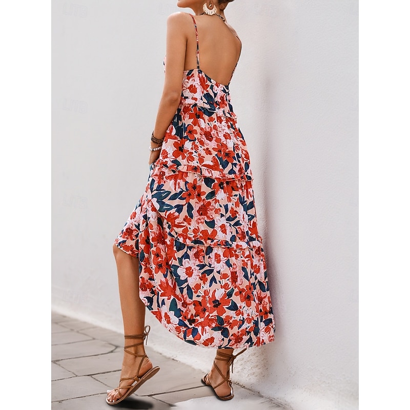 Women's Maxi Dress Casual Dress Swing Dress A Line Dress Stylish Casual Vacation Daily Regular Fit Floral Sleeveless Strap Orange Summer2
