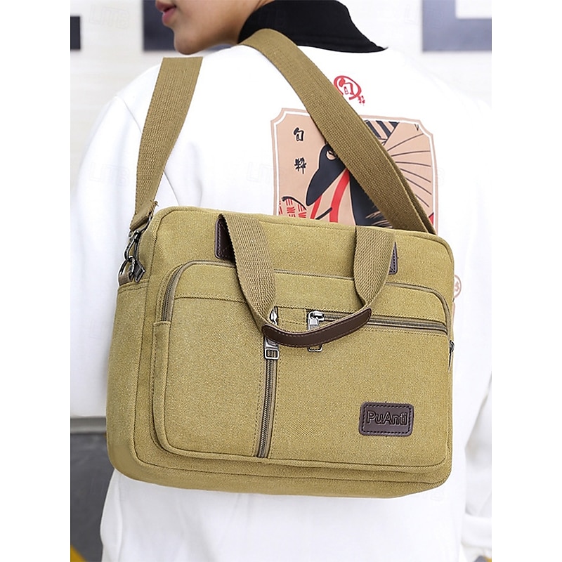 Men's Casual Canvas Messenger Bag with Multiple Zipper Pockets, Adjustable Shoulder Strap, Stylish Khaki Color, Ideal for Work, Travel and Everyday Use3