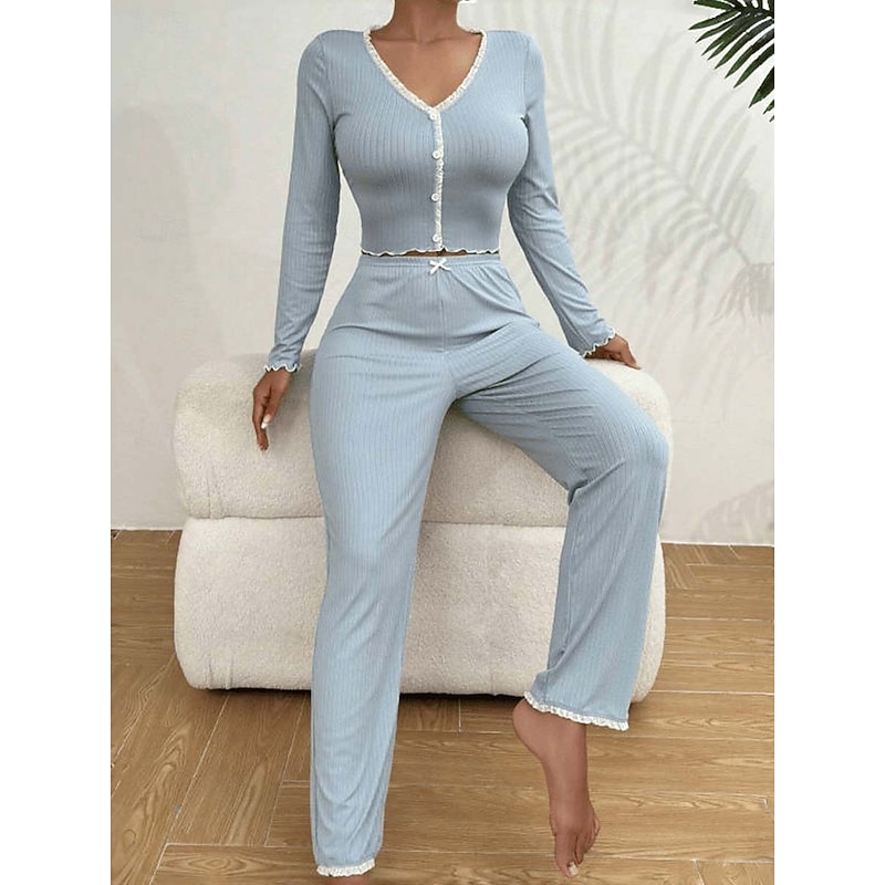 Women's Pajamas Simple Home V Neck Sky Blue khaki Summer Spring3