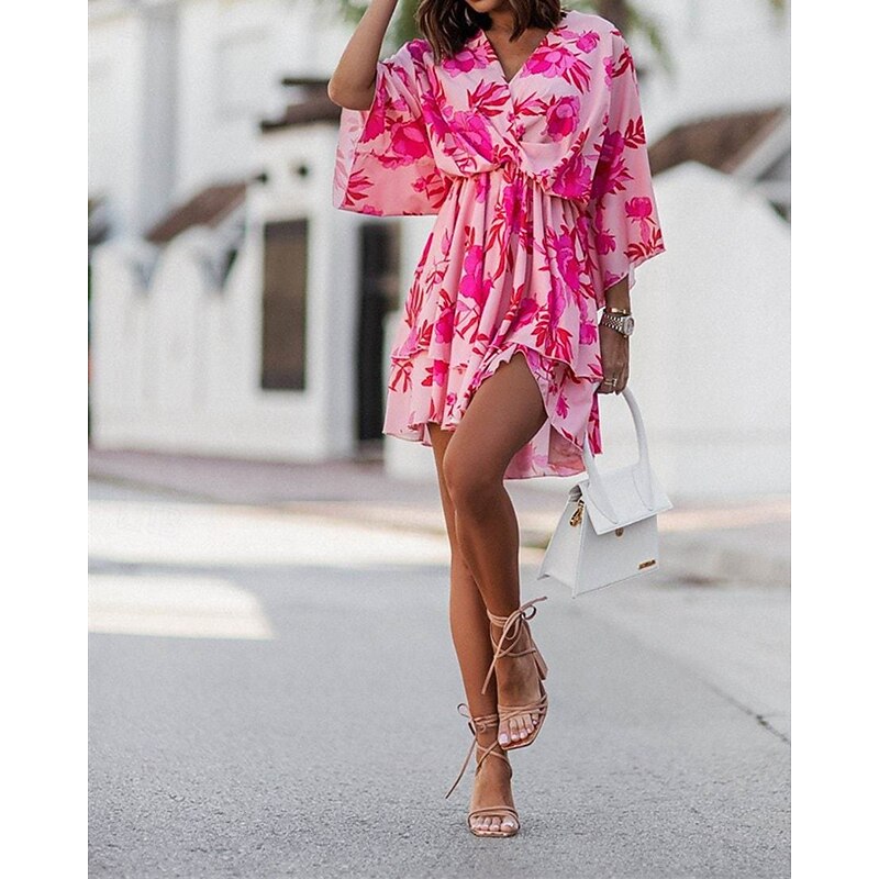 Women's Mini Dress Casual Dress Summer Dress Print Dress Fashion Outdoor Holiday Date Regular Fit Floral Long Sleeve V Neck Pink Purple Orange Summer Spring2