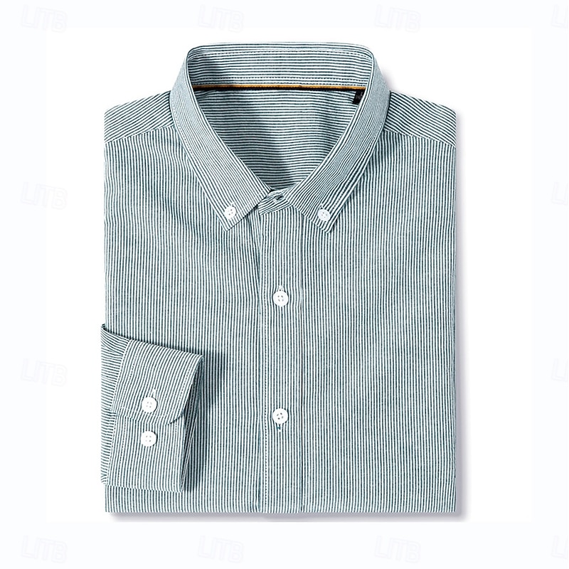Men's Oxford Shirt Light Khaki Light Green Light Grey Long Sleeve Striped Button Down Collar School Wedding Pocket Clothing Apparel Neutral Fashion Daily2
