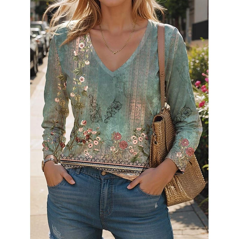 Women's T Shirt V Neck Long Sleeve Tunic Floral Fashion Modern Casual Regular Tops Daily Weekend Print Sage Green Fall Winter